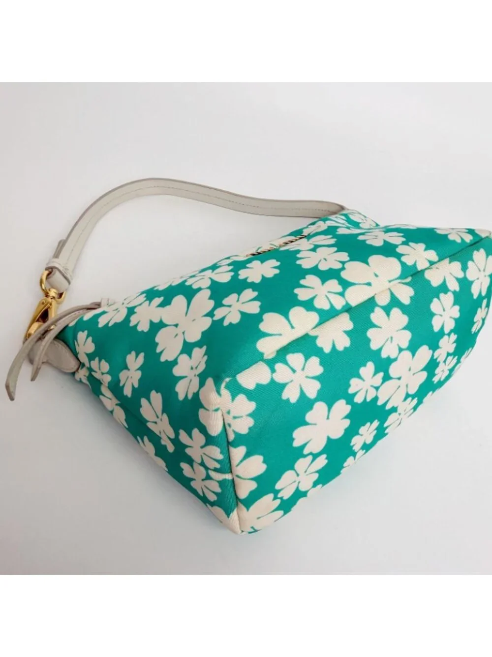 Miu Miu Flower Print Re-Nylon Mini Hobo Handbag Leather Green White Gold Vintage